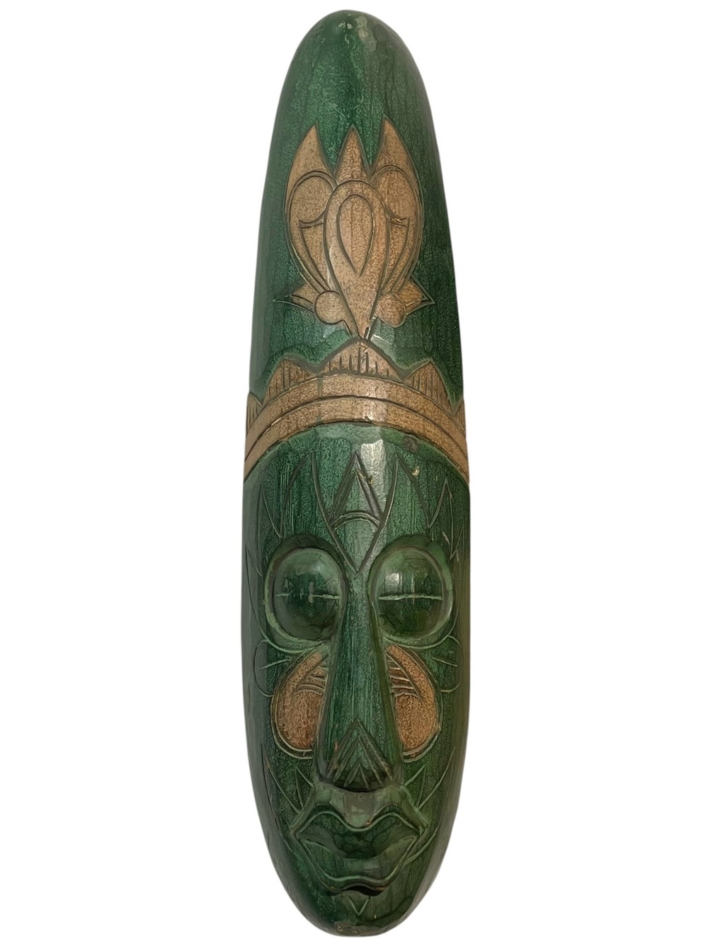 Vintage 1980s Hand Carved Long 20" Green Wooden Mask - Tribal Indonesian